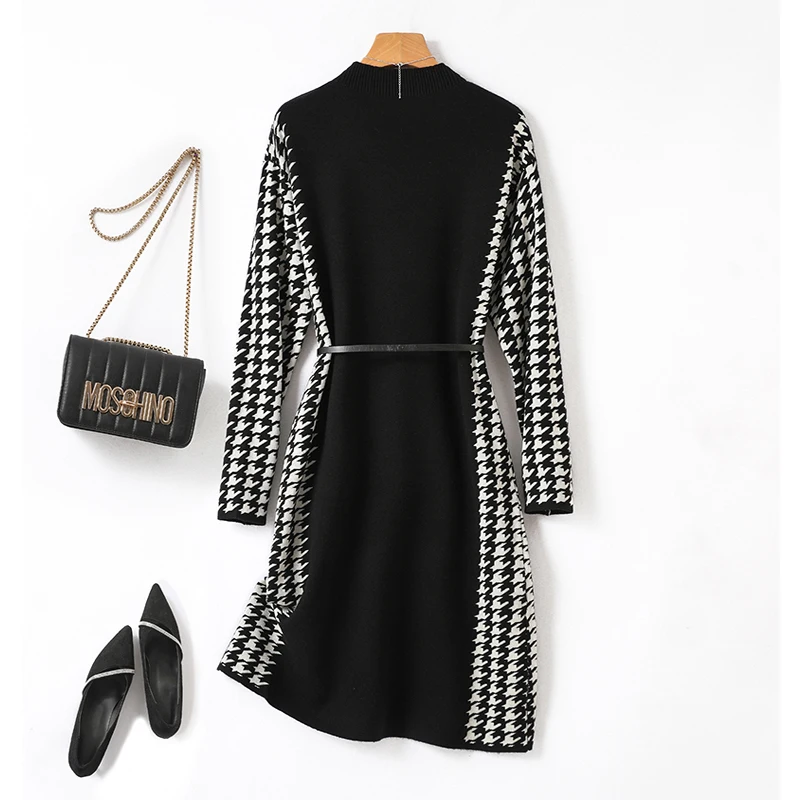 Autumn Winter Women Fashion Clothes Bird Lattice Jacquard Spliced Wool Dresses Loose Casual Chic Belt Knitted Simple Dress