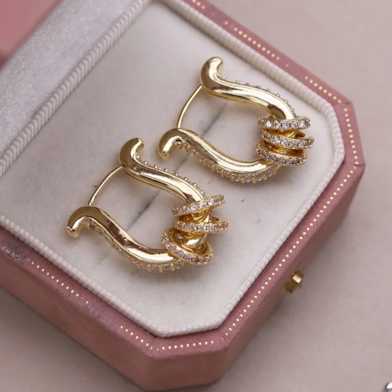 Korean new design fashion jewelry 14K gold plated U-shaped zircon hoop earrings elegant women's daily work accessories
