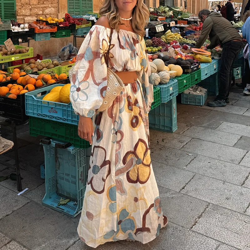 

Lantern Sleeve Pocket Loose Outfit New Summer Flower Print Holiday Suit Lady Sexy Slash Neck Crop Top + Long Skirt Beach 2pc Set