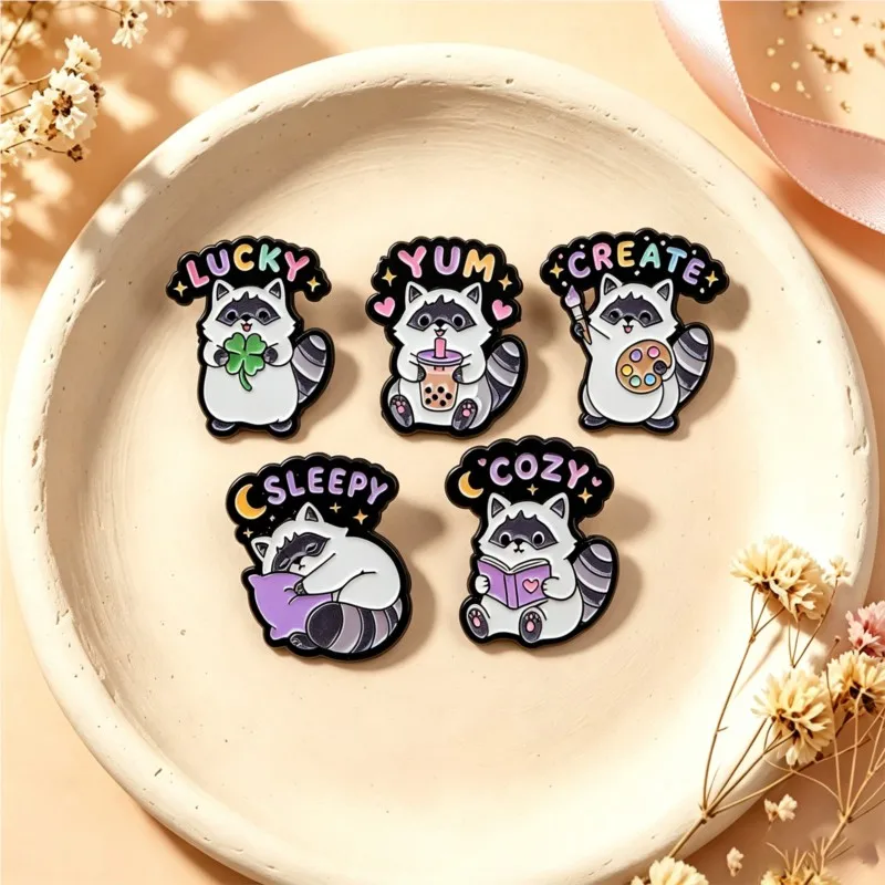 Cute Raccoon Enamel Pin Bubble Tea Clover Book Pillow Paint Palette Cartoon Animal Lapel Brooch Backpack Hat Clothes Decor Gift