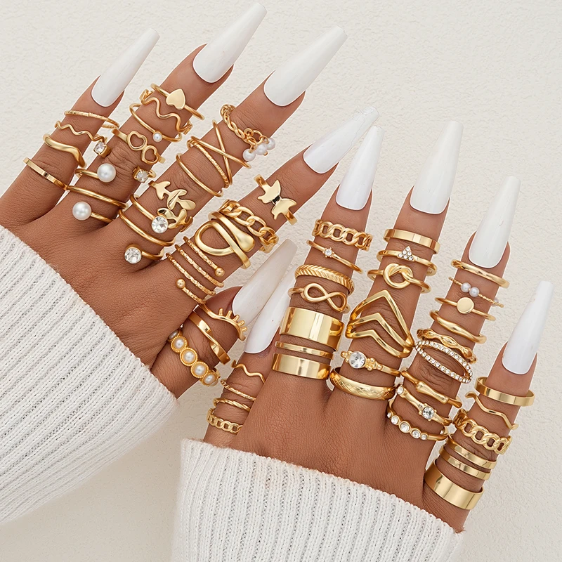 New Fashion Geometric Knuckle Rings Set For Women Boho Butterfly Heart Zircon Gold Color Finger Ring Trendy Party Jewelry Gifts