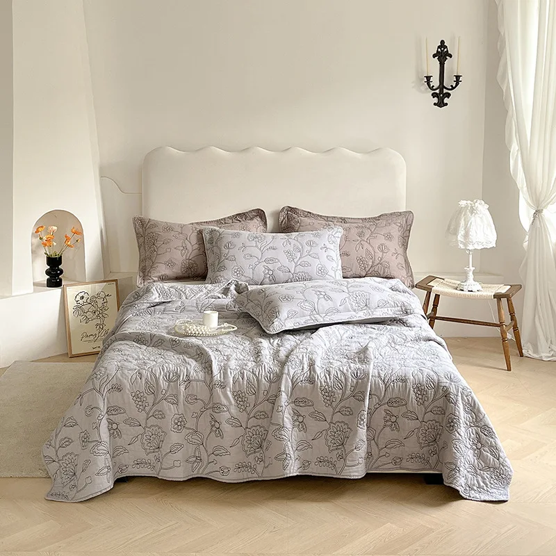 3-Piece 100% Cotton Quilt Set, Rustic Solid Color Embroidered Lightweight Summer Bedspread, Non-Slip Quilted Sheet Home Decor 5