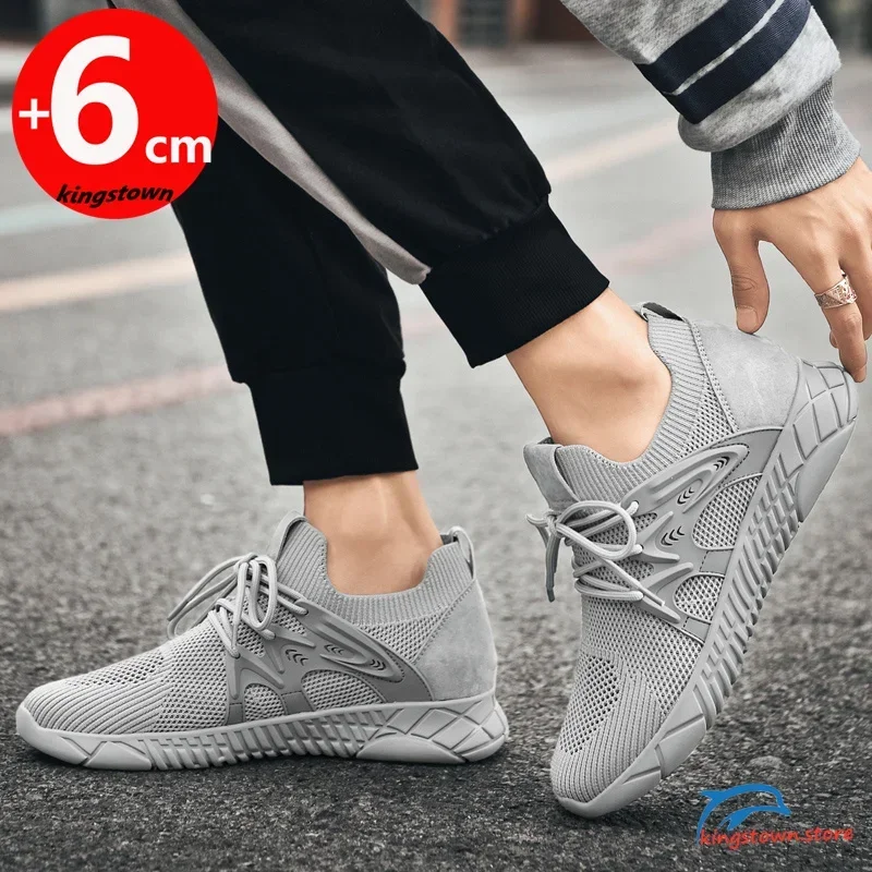 Sepatu lift olahraga pria, sneaker jala penambah tinggi sol dalam 6cm bernafas