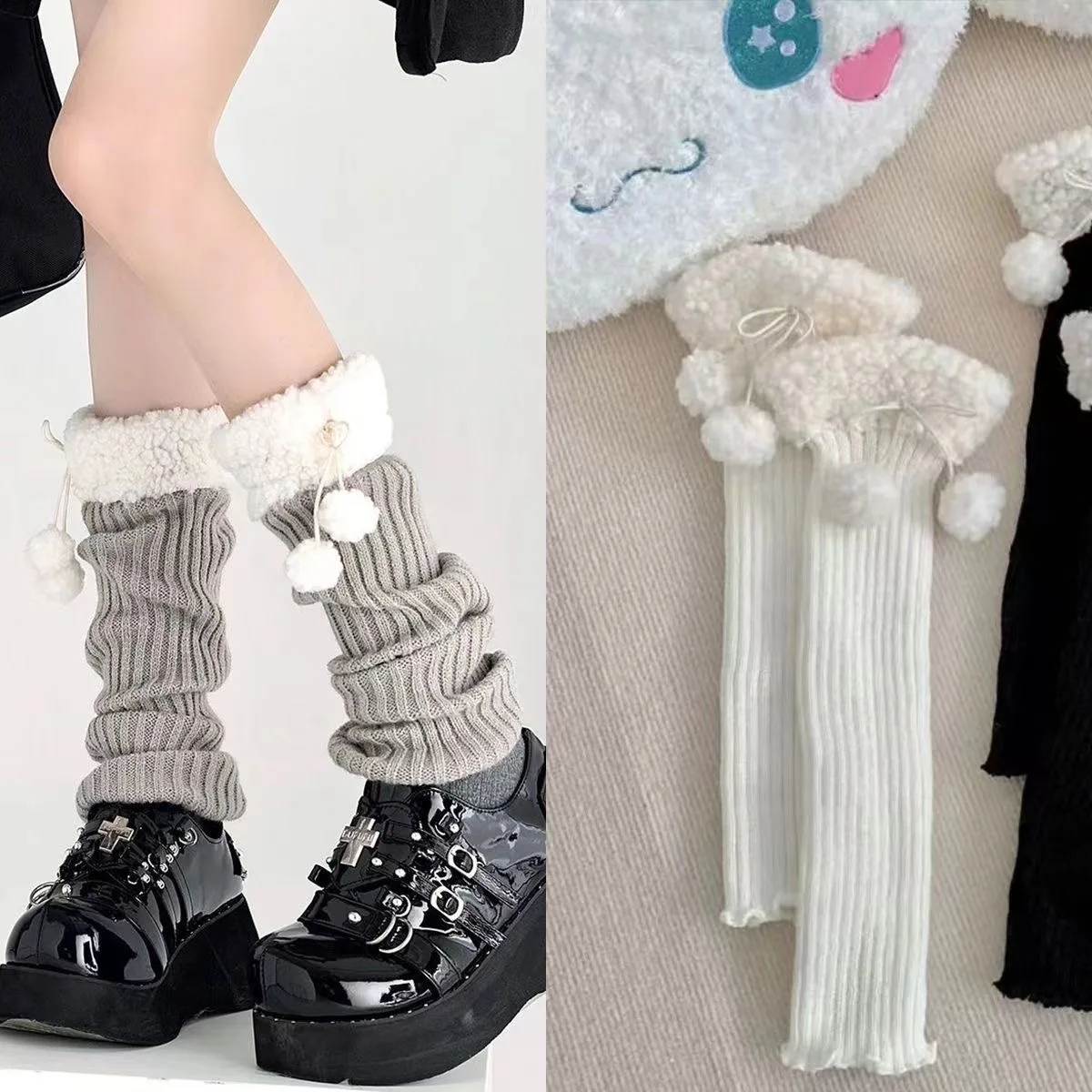 Шерстяные вязаные чехлы для ног, теплые вязаные носки в японском стиле Лолиты, зимние теплые носки, гетры с шариками для женщин