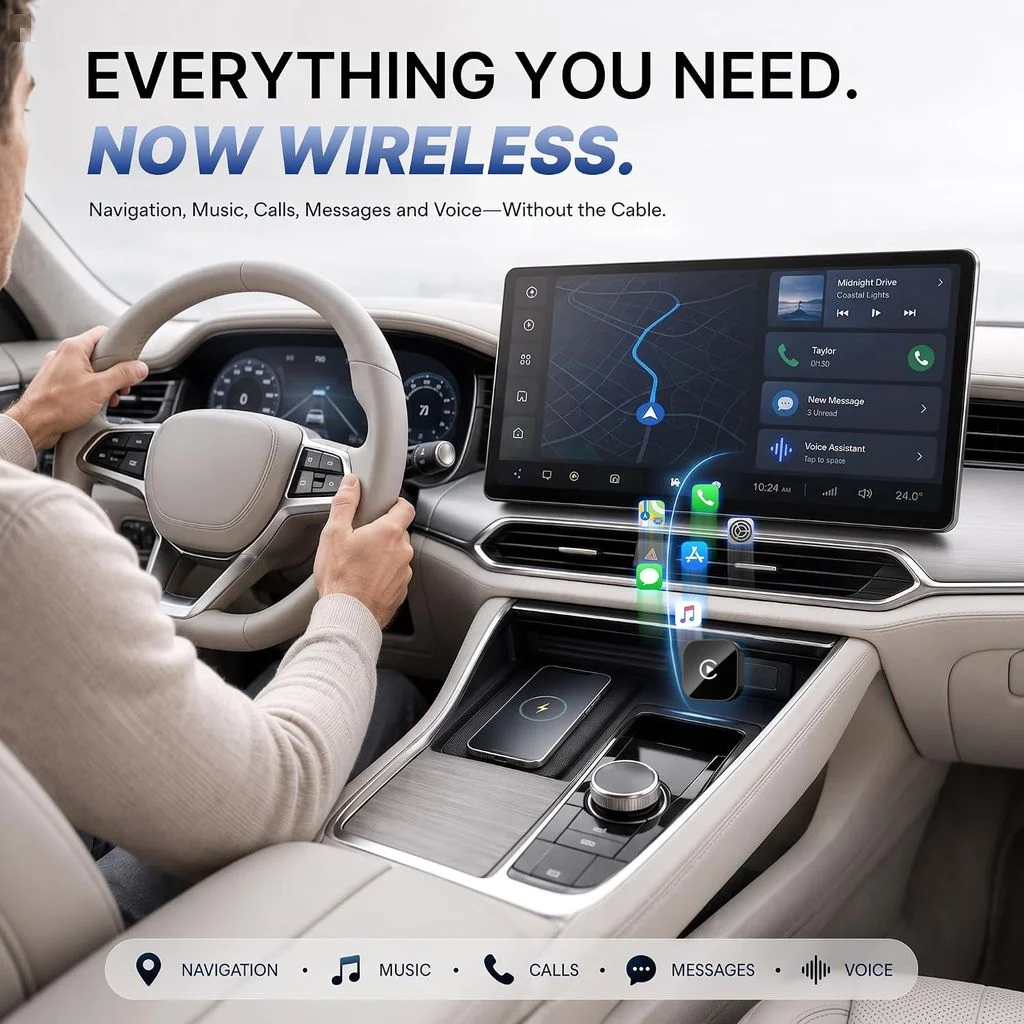 2-in1 Wireless CarPlay Adapter for Apple CarPlay & Android Auto | Convert Wired to Wireless Mini Car Play Adapter, Plug and Play