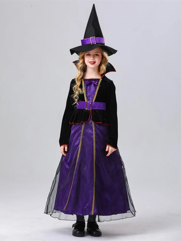 

Фиолетовый круглый костюм ведьмы для девочек, для сценических выступлений, косплея, детский, на Хэллоуин, волшебный, традиционный, этнический