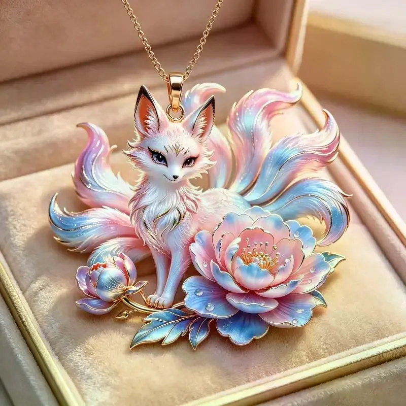 Nine Tailed Fox Pendant Necklace Artistic Peony Flower Pattern Jewelry for Women Art Lovers Gift