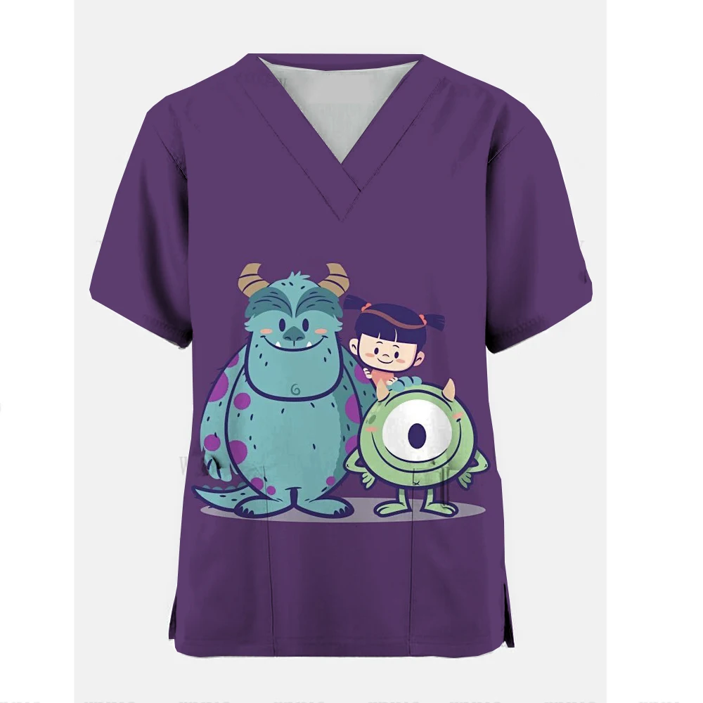 Disney Monster blus medis lengan pendek, kaus seragam perawat kesehatan, atasan lengan pendek untuk wanita