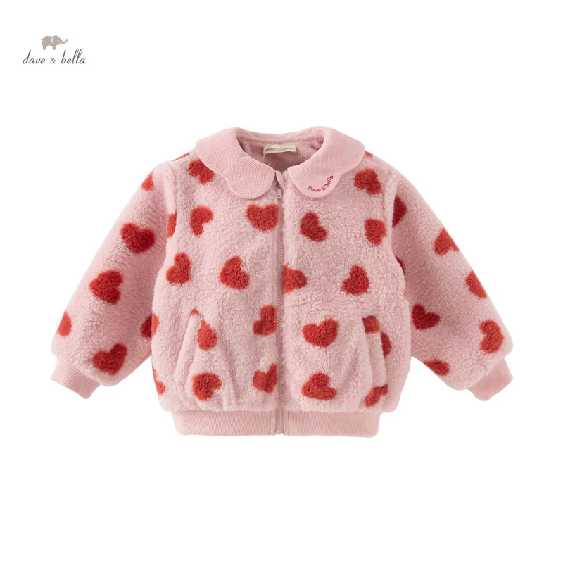 Dave Bella Children Girls Baby Tops Outerwear 2024 Winter New Fashion Casual Cute love print Overcoat Outdoor Warm  DB4243460