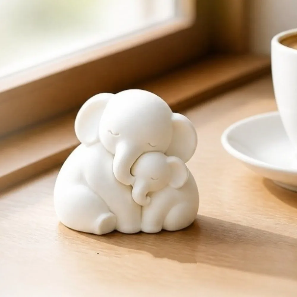 3D Printed Mother Baby Elephant Statue Cute Animal Motherly Love Theme Sitting Elephant Figurine Minimalist Plastic
