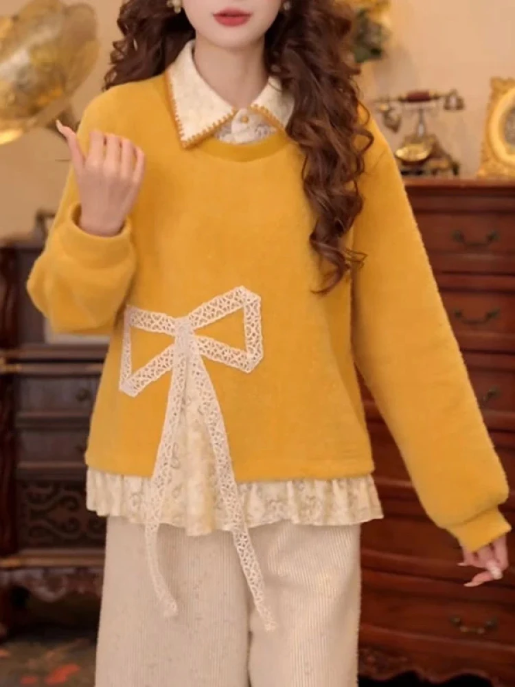 

Женский свитшот с кружевными вставками и имитацией двухслойности, осенне-зимний, свободного кроя, с утолщенным воротником, с длинными рукавами