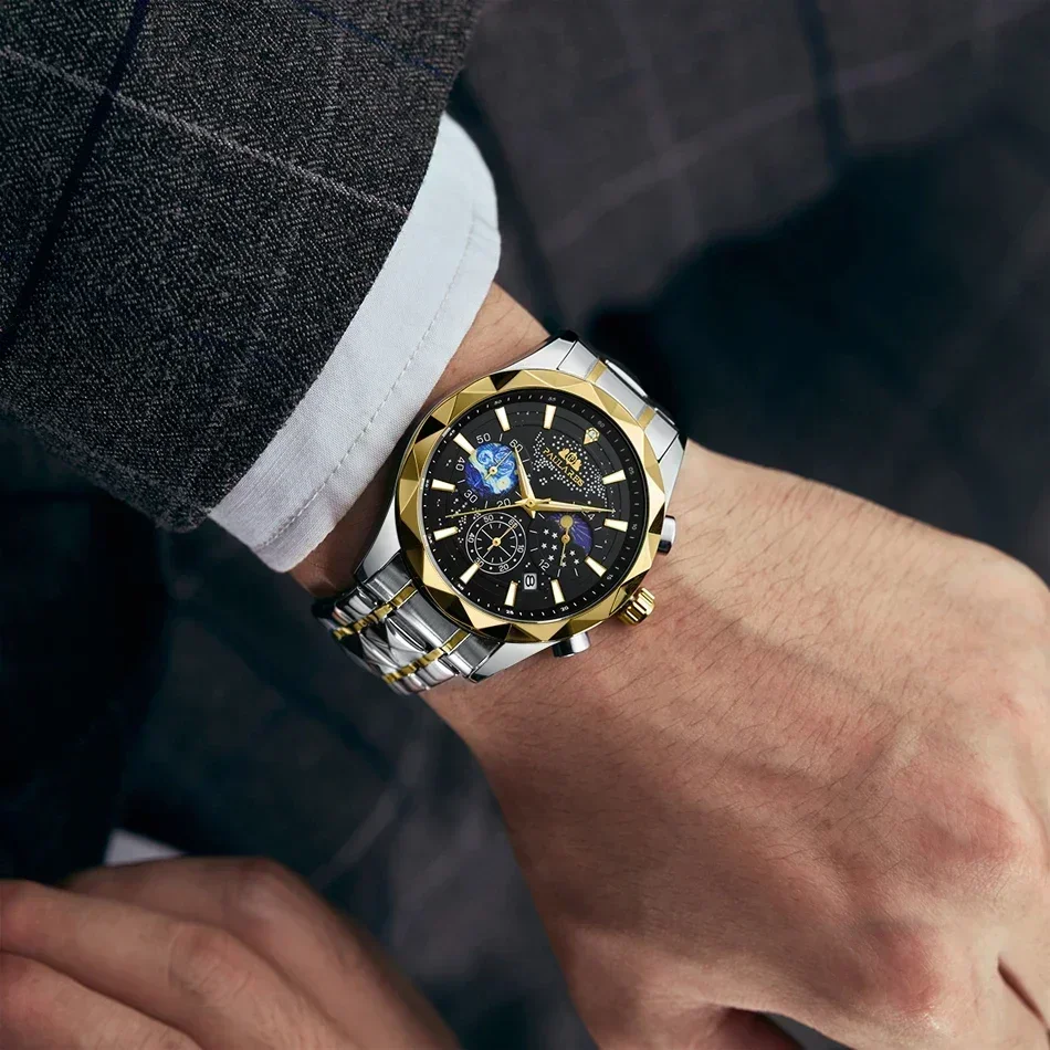 Orologi di lusso per uomo cronografo luminoso oro blu cielo stellato quarzo Casual a forma di diamante lunetta in acciaio inossidabile Reloj Hombre