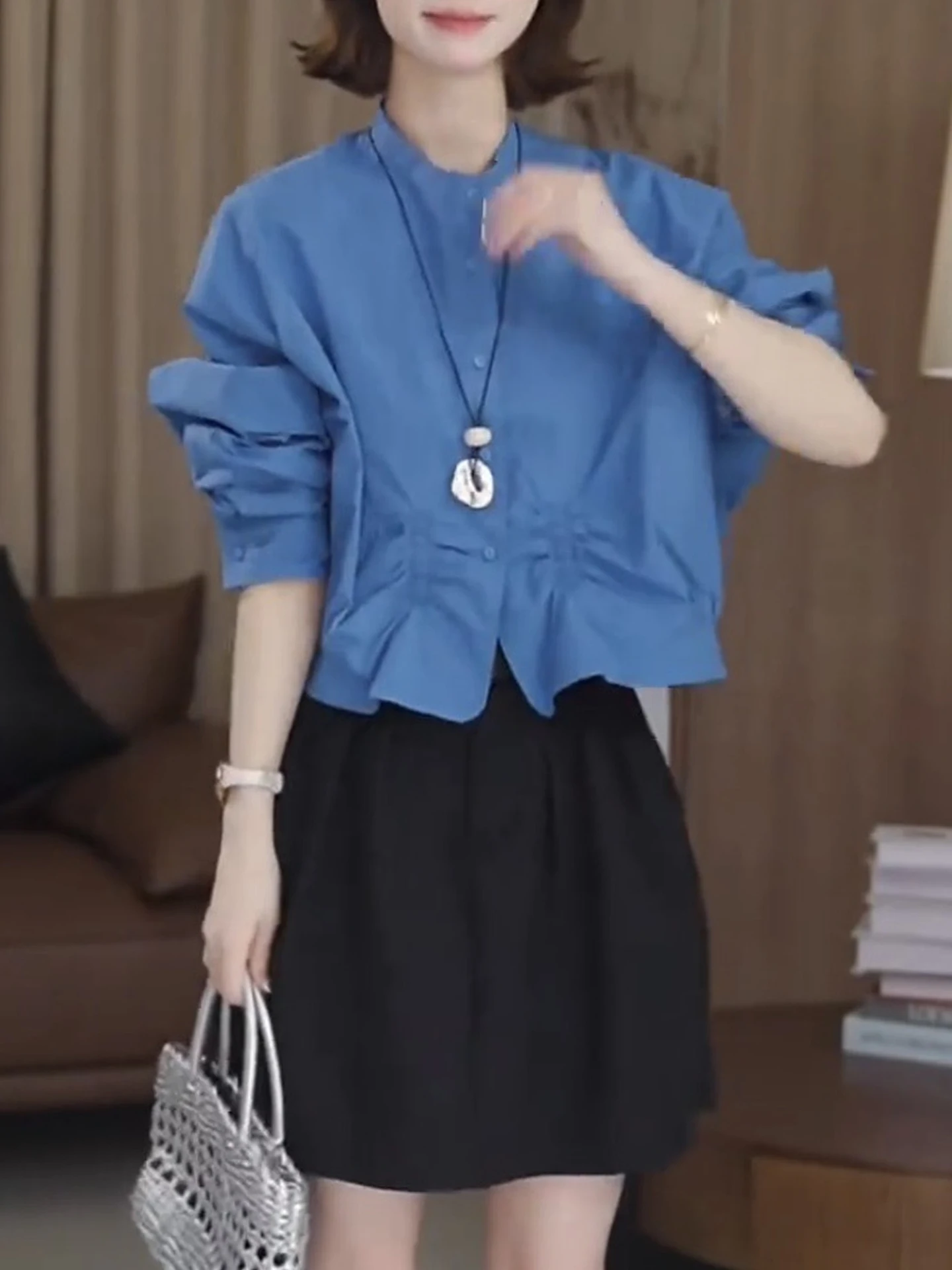 

Slimming Pleated Waist Cinched Stand Collar Women's Shirt Fashionable Spring Summer Style Polyester Fiber Lantern Sleeve
