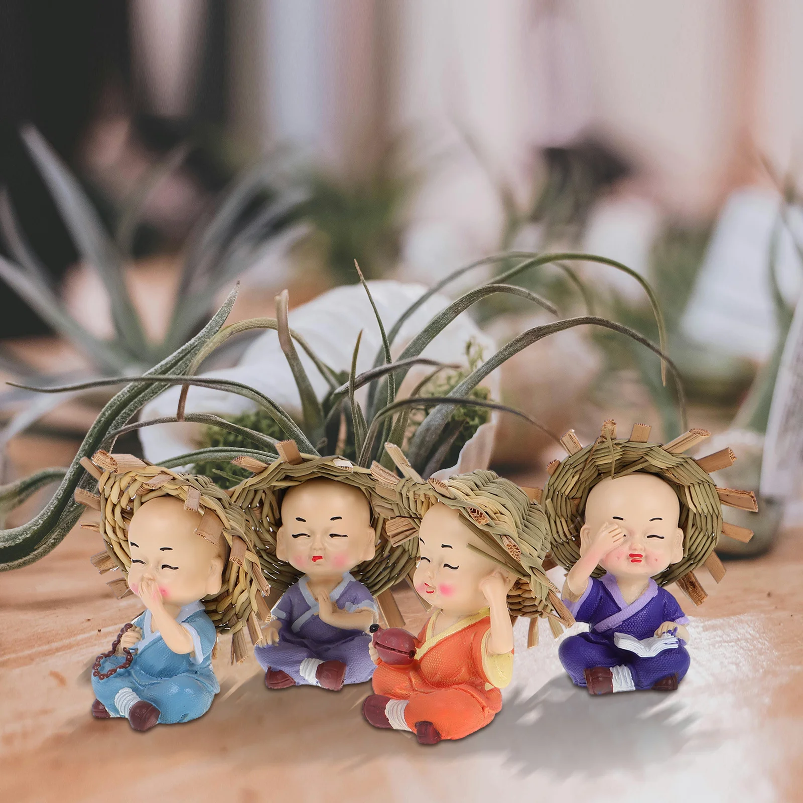 

4Pcs Mini Monk Statues Resin Small Buddha Sculpture Flower Pot Decor Zen Ornaments Car Dashboard Chinese Feng Shui