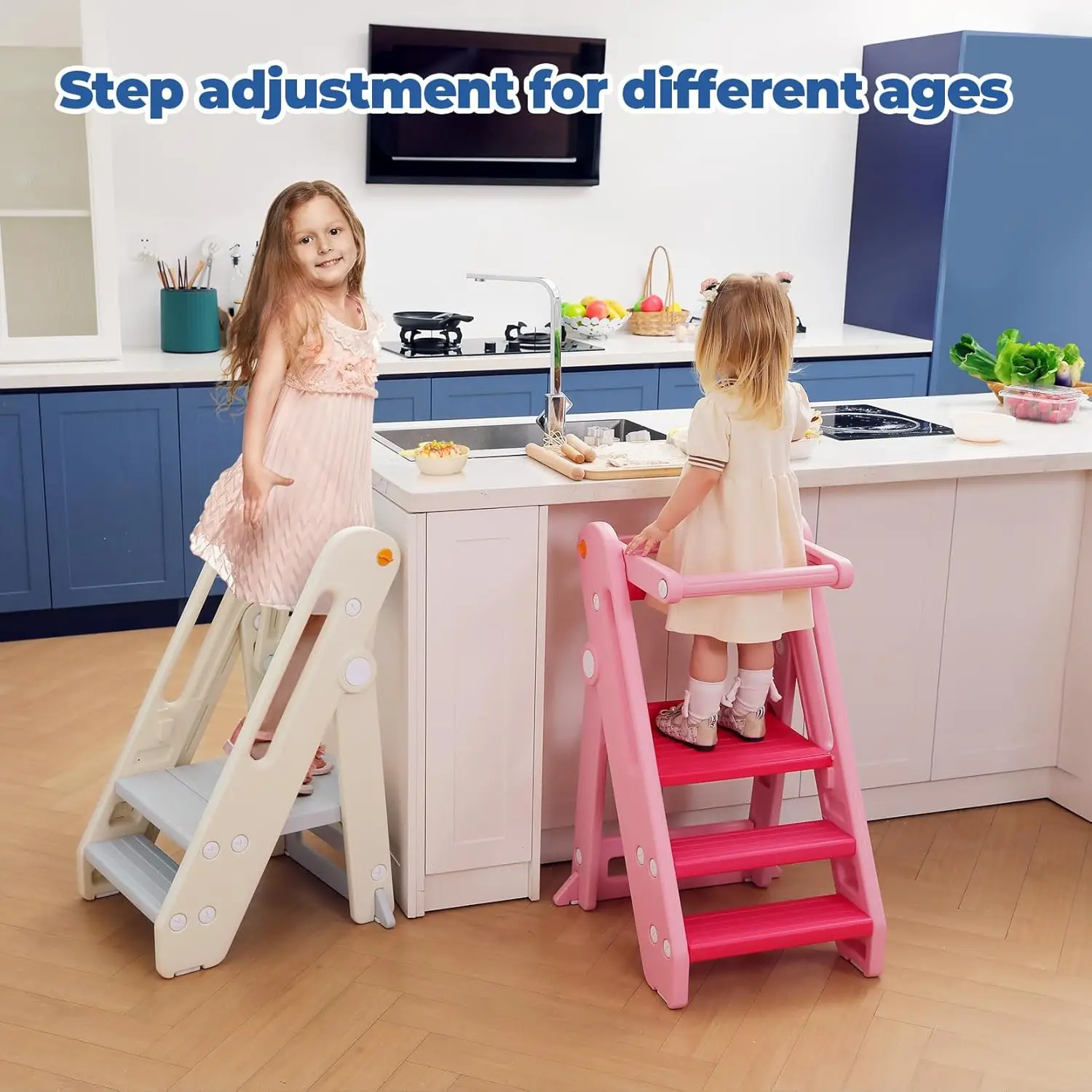 Toddler Tower Kitchen Stool Helper - Foldable & Adjustable Height Kids Learning Stool for Kitchen Counter Bathroom Sink, Child L