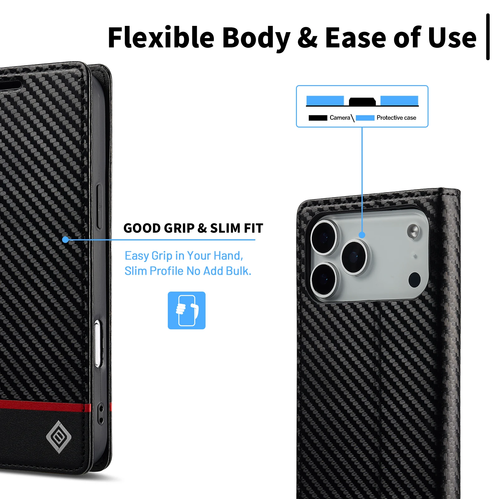 Carbon Fiber PU Leather Flip Case for  IPhone 17 Pro Max Air 16E 16 15 14 13 12 11 Pro Max Xs XR X 7 8 Plus SE Card Wallet Case - view 3