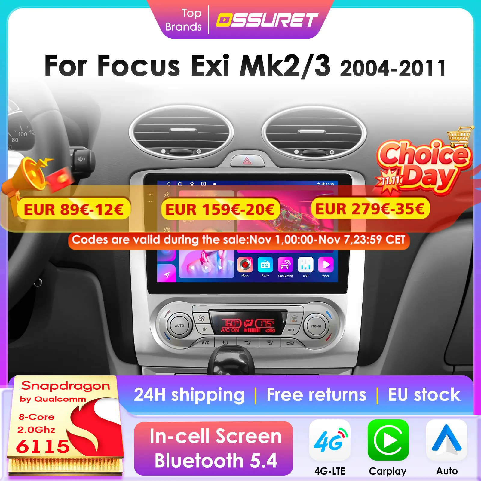 2Din 360Camera Android13 Car Radio For Ford Focus 2 Mk2 2004-2011 Car Multimedia Player Intelligent Screen autoradio Carplay SWC