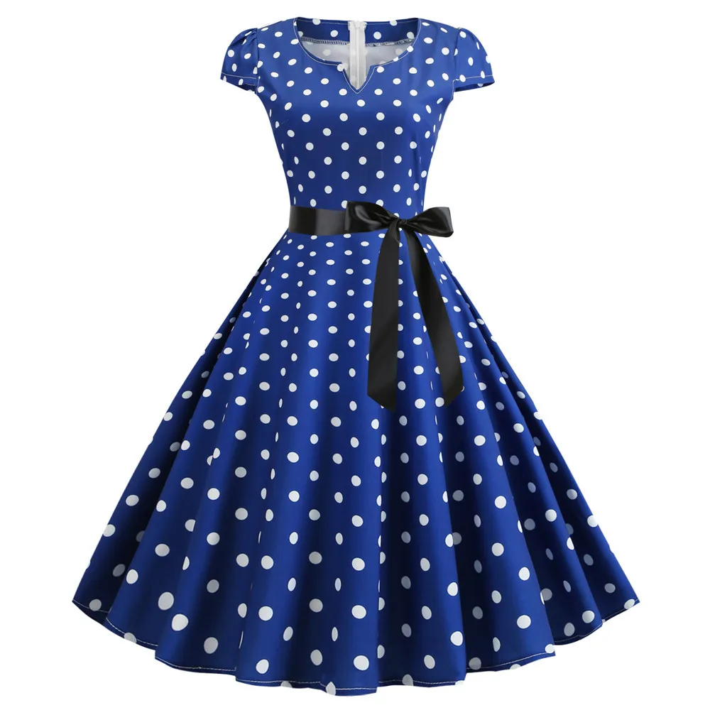 2024 Robe Women Vintage Polka Dot Summer Dresses Short Sleeve Pinup Print Retro 50s 60s Rockabilly Party Sundress Vestido A-Line