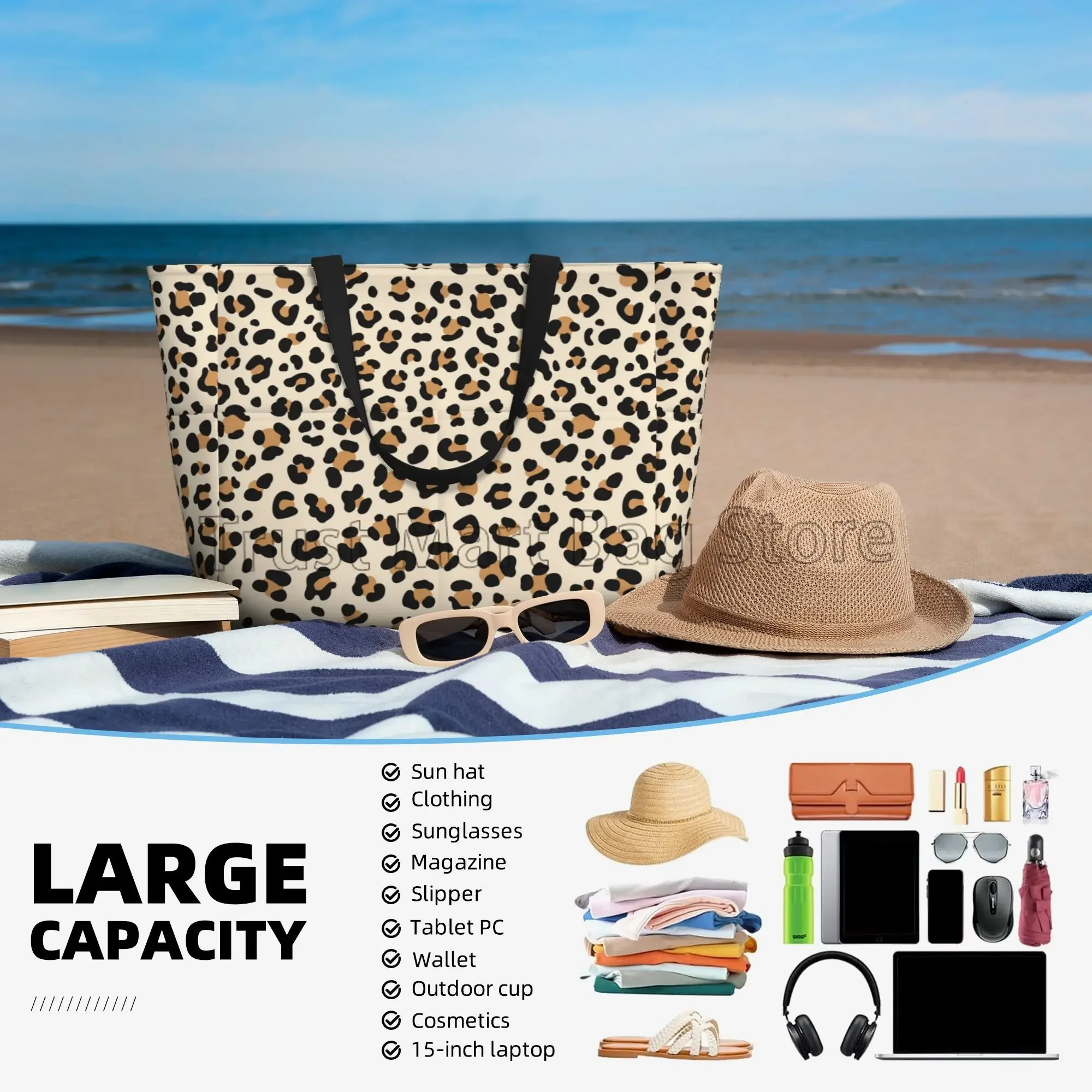 Leopard Print Large Waterproof Beach Bag for Women Sandproof Tote Bag Pool Bag with Zipper and Pockets for Travel Vacation Gym