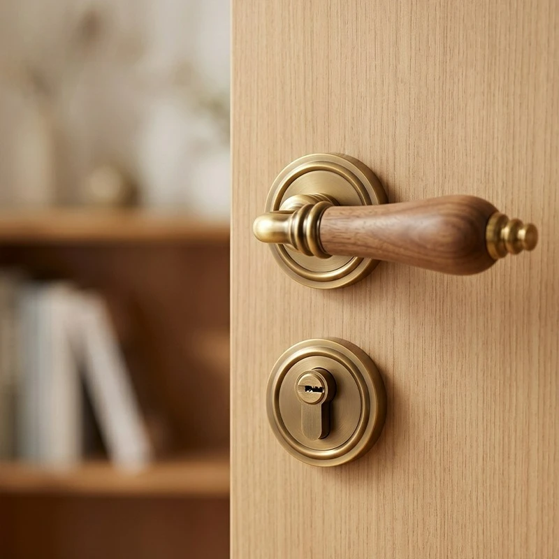 Vintage French Style Bedroom Door Lock with Walnut Wood Zinc Alloy Door Handle Magnetic Suction/silent Split Lock