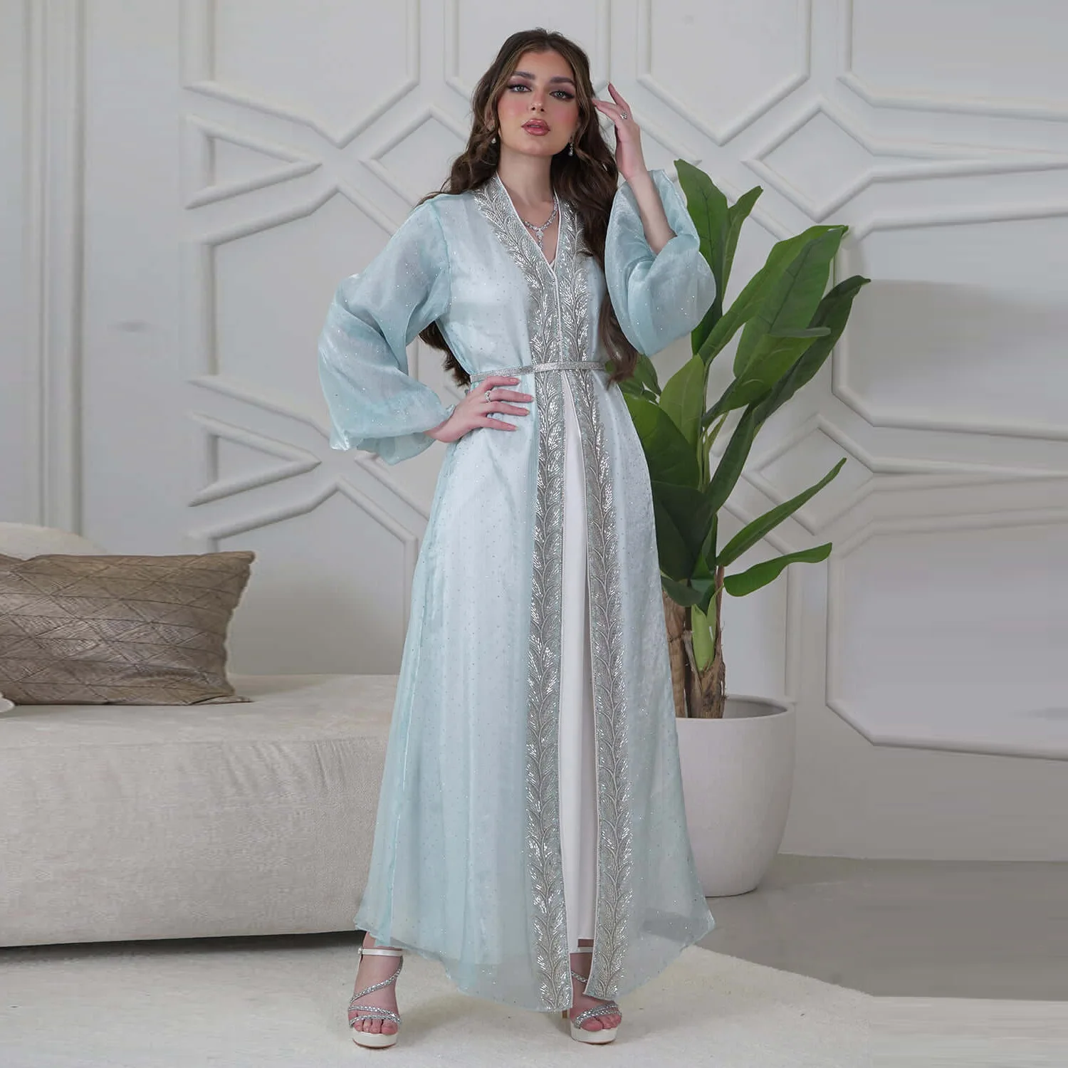 Eid Mubarak Djellaba Kimono Cardigan Dubai Abito in raso Kebaya Robe Diamond 3 pezzi Set Donna Abaya musulmano Caftano Jalabiya Abaya