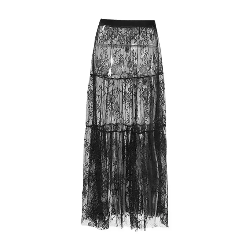 Lace Jacquard Transperant Skirt Summer Autumn Women Sexy Maxi Lace Skirts Solid High Waist Flare Long Skirt for Women Maxi Skirt