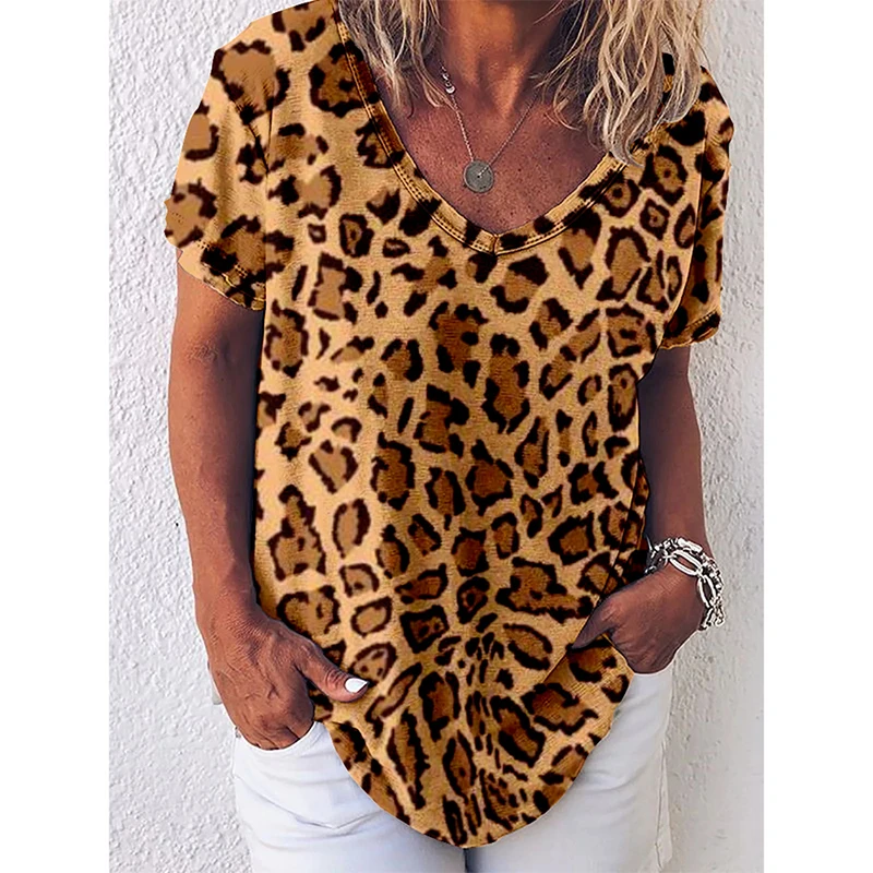 Fashion Leopard 3D Print T-shirt Women Vintage Y2k Tops Streetwear Harajuku T Shirts V-Neck Tees Female Girls Oversized Clothing