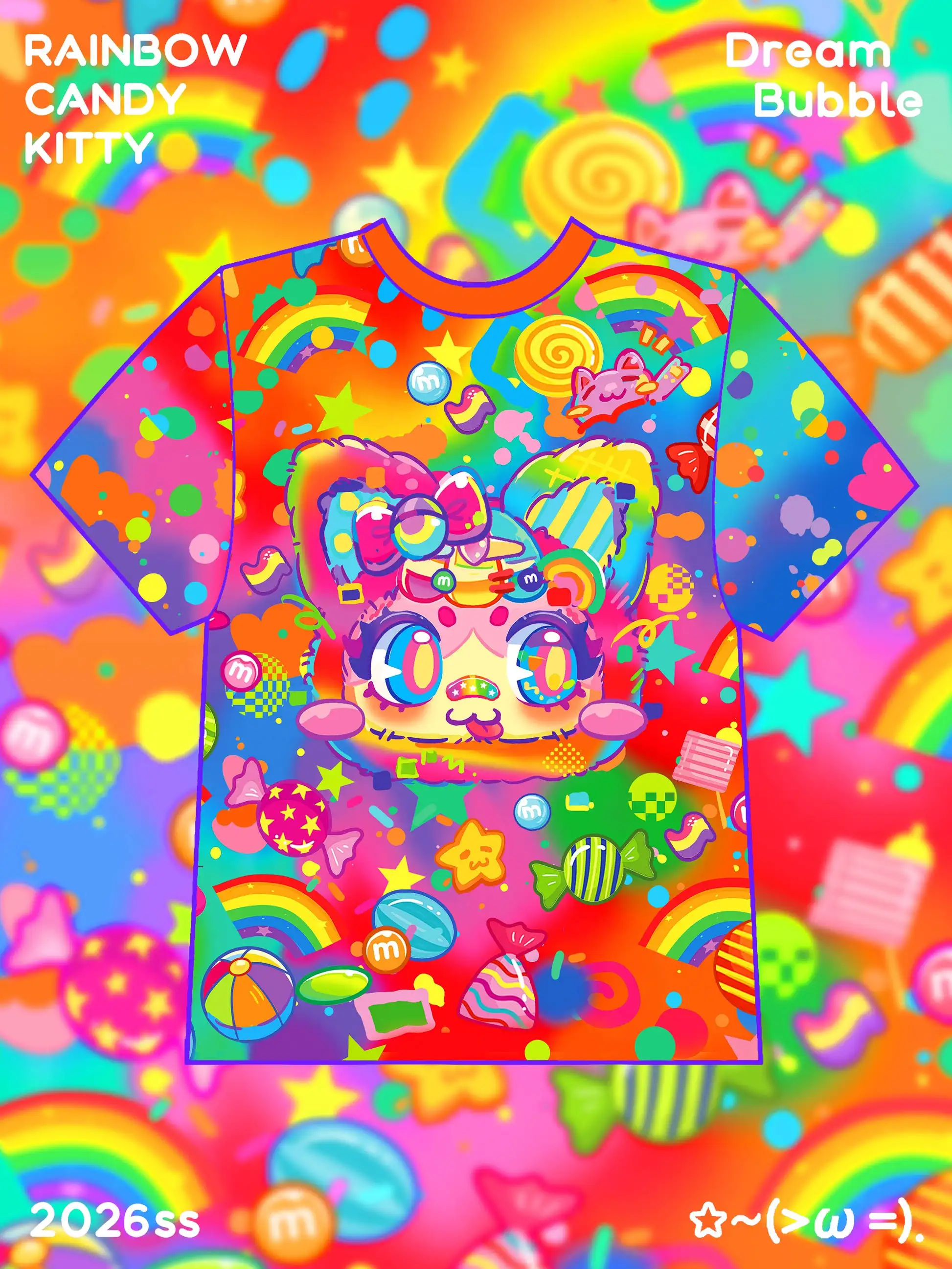 Regenbogen-Bonbon-Kätzchen Bedrucktes T-Shirt Neuestes Harajuku-Style-Design Y2K Lässiges T-Shirt Damen Lässiges Lockeres Großes Bedrucktes T-Shirt – Detail 6