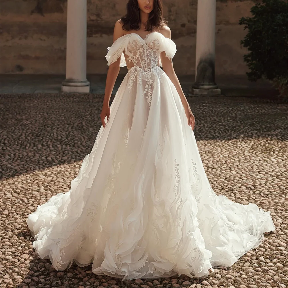 ROYCE-Robe de mariée longue ligne A, robe de mariée vintage, chérie, hors de l'initiative, fleurs élégantes, longueur au sol, robe plissée formelle, luxe