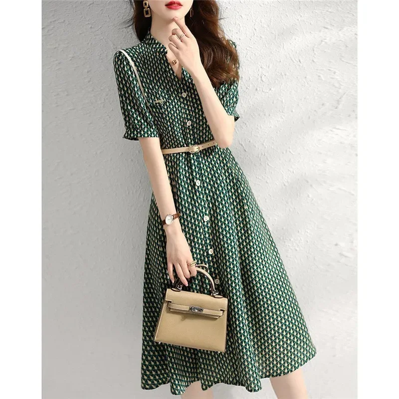 Vestido Midi ajustado informal para mujer, Túnica de manga corta con Cinturón estampado Simple, moda de verano coreana elegante