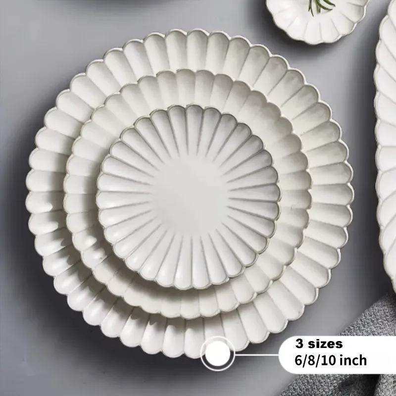 Retro Japanese Kiln‑Change Glaze Plate, 6/8/10Inch Chrysanthemum Lace Ceramic Serving Dish for Steak Sushi Fruit, Microwave Safe
