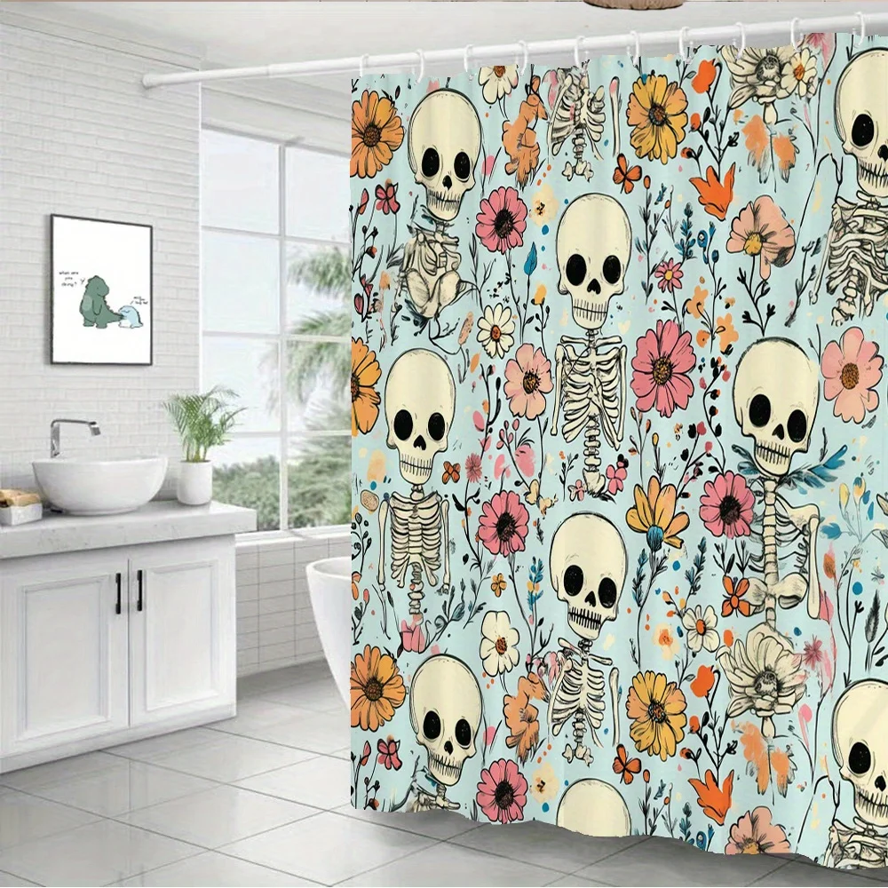 Spooky Skeleton and Floral Pattern Shower Curtain Gothic Halloween Bathroom Decor Novelty Curtain