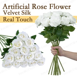 200-12PCS Artificial Rose Flower Velvet White Rose Realistic Fake Roses with Long Stems for Wedding Party Valentine Birthday