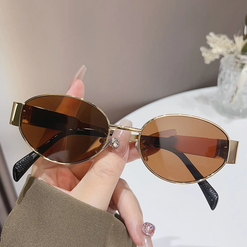 Trendy Oval Sunglasses for Women 2024 Luxury Brand Designer Metal Frame Sun Glasses Ladies Classic Vintage Round Shades Unisex