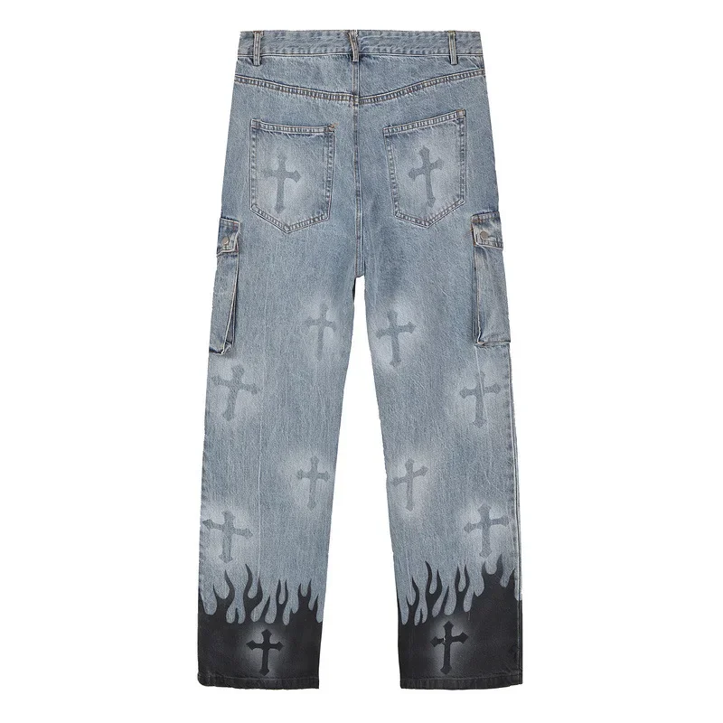 Leather Embroidered Cross Vintage Blue Jeans Men's High Street Loose Straight Wide Leg Pants Hip Hop Streetwear Male Baggy Denim