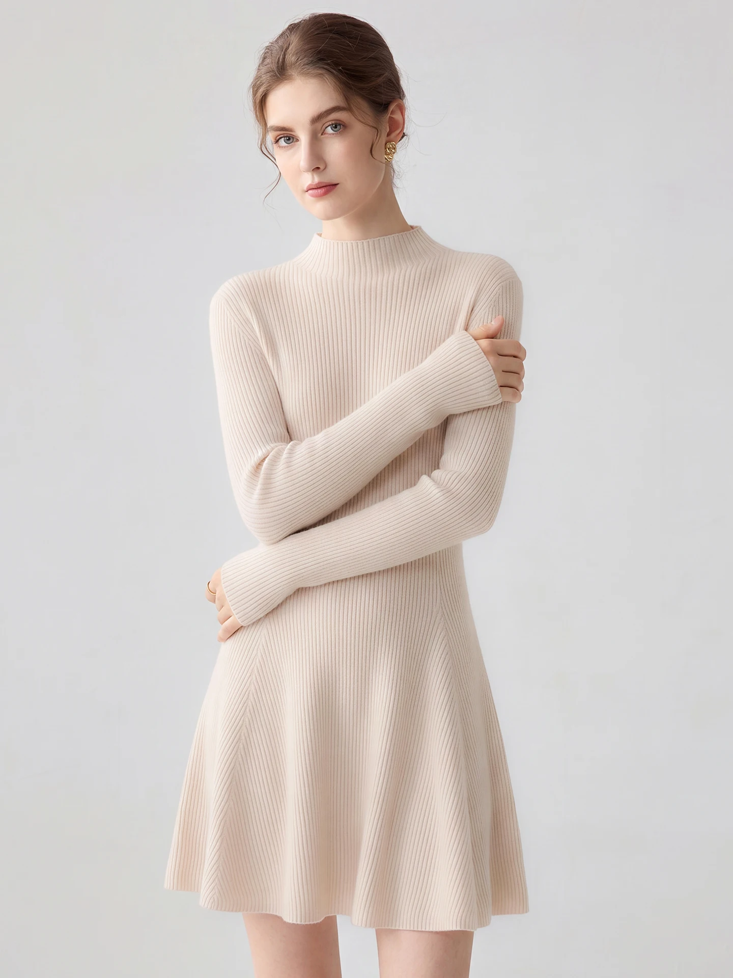 Autumn Winter Elegant 100% Pure Cashmere Pullover Dress Women Soild Half High Collar Knee-Length Skirt Slim Fit Knit Basic Dress
