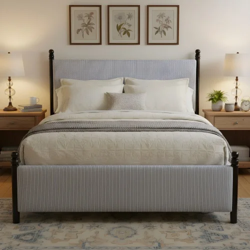 

# Convertible Upholstered Bed With Fabric & Rubber Wood Frame Black + Blue White Stripes