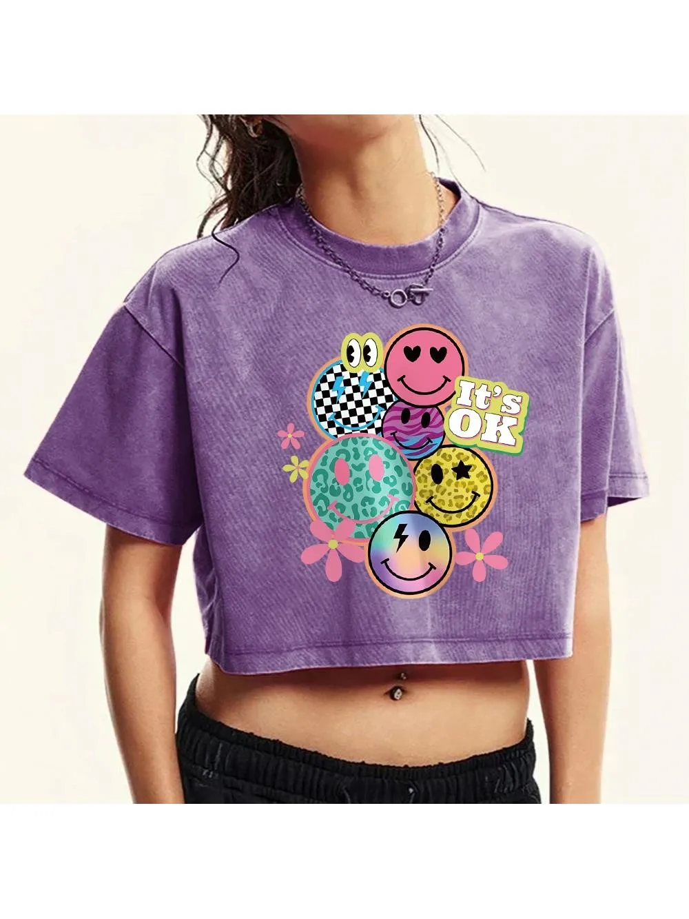 It's Ok Happy Face Flower Print Washed Crop T-Shirt pour femme, Ăconomie en coton, VĂȘtements dĂ©contractĂ©s multicolores, Mode fĂ©minine, RĂ©tro doux, Y-Fashion