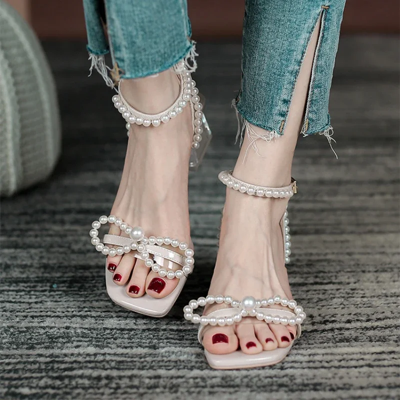 Crystal Thick Heel Sandals Women 2022New Summer Pearl Transparent Fairy Style Fashion High Heels Ladies Casual Versatile Sandals