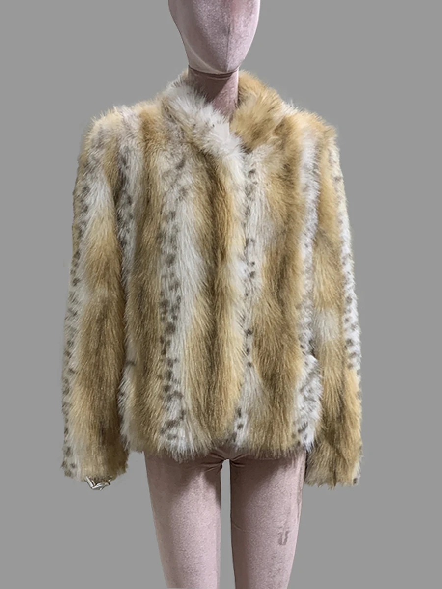 Nerazzurri Autumn Winter Colorful Gradient Leopard Print Short Thick Warm Faux Lynx Fur Coat Women Luxury Sexy Fluffy Jacket