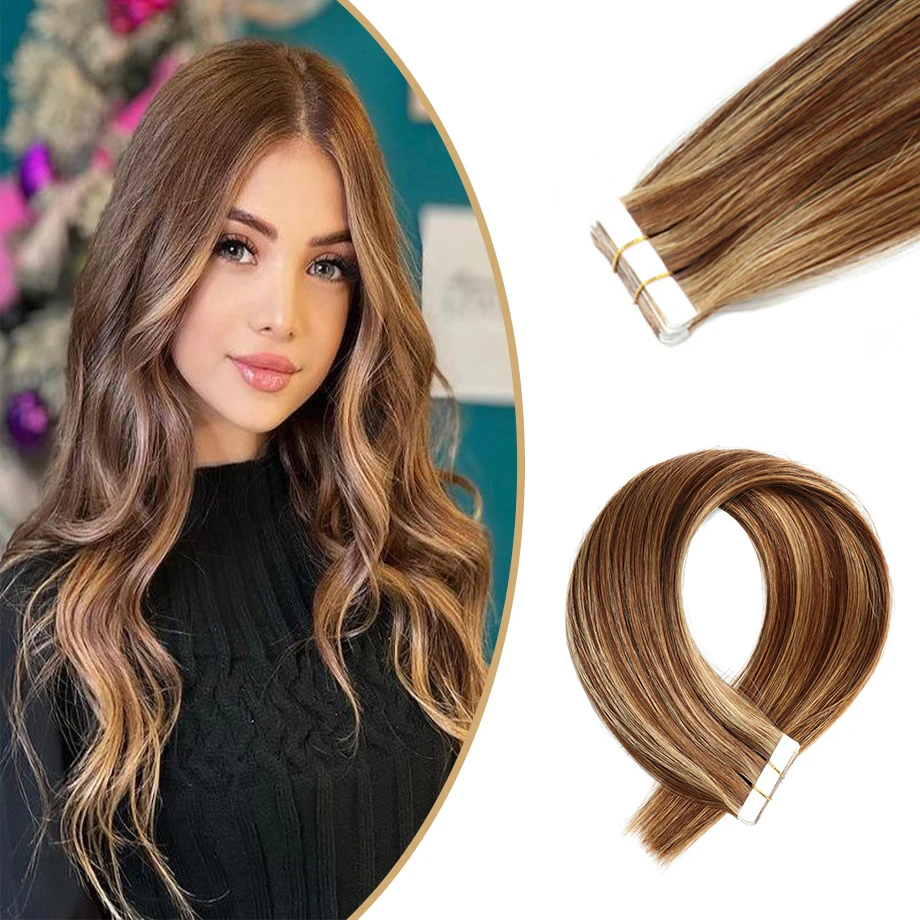 Tape In Human Hair Extensions Straight 100% Natural Burgundy Black Brown Remy Seamless Invisible Double Side Skin Weft Adhesive