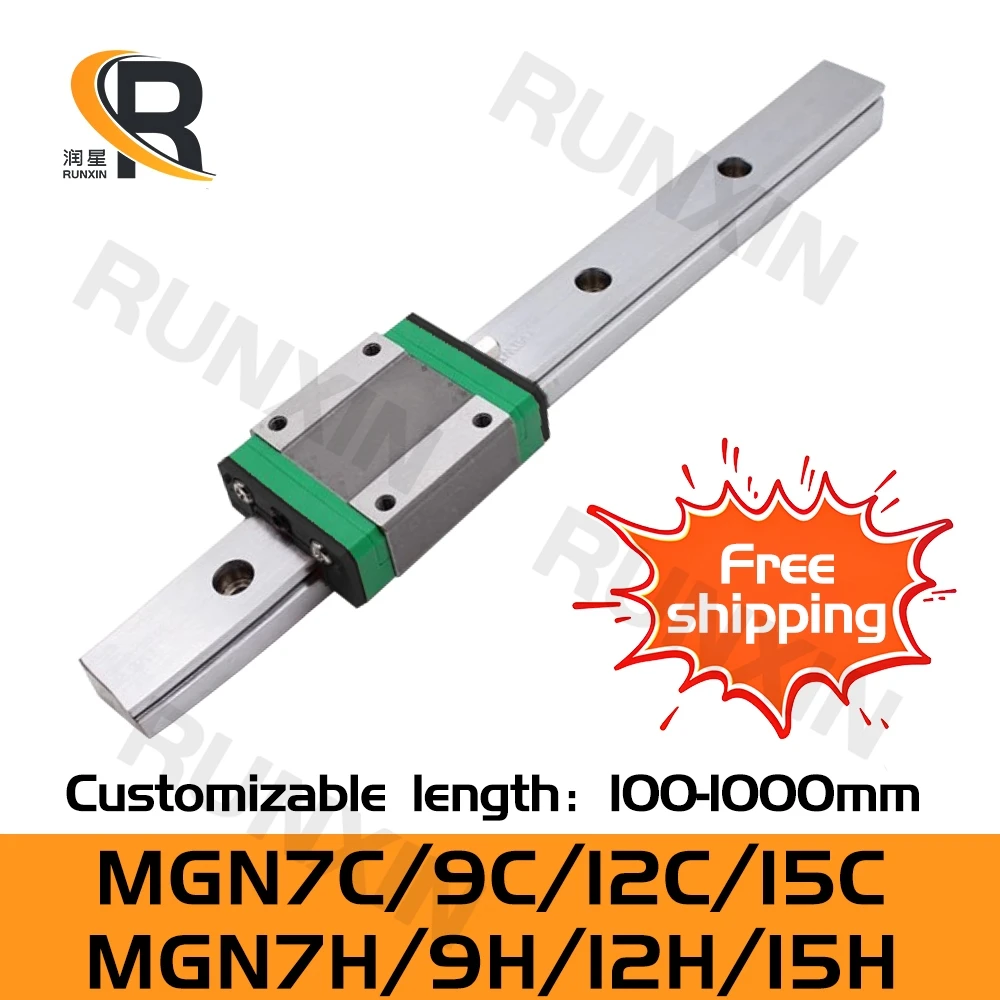 

RXTNC 1pcs MGN7 MGN9 MGN12 MGN15 L100-1000mm miniature linear rail+1pcs bearing steel MGN linear guide block for 3d printer part