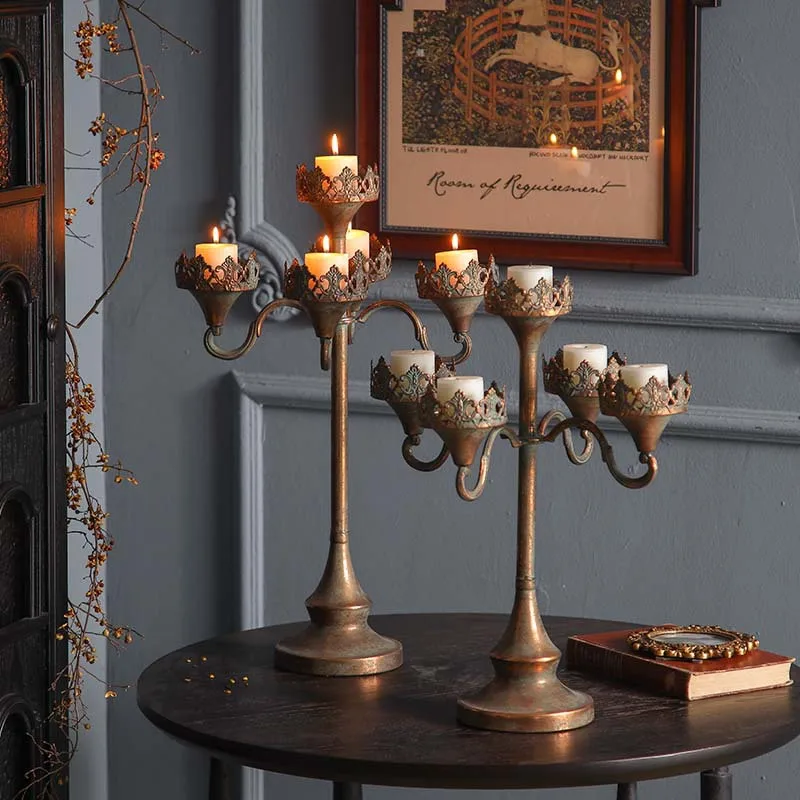 Retro gold five-headed tabletop candle holder, court style high-end elegant decoration, wrought iron old candleholder jewelry