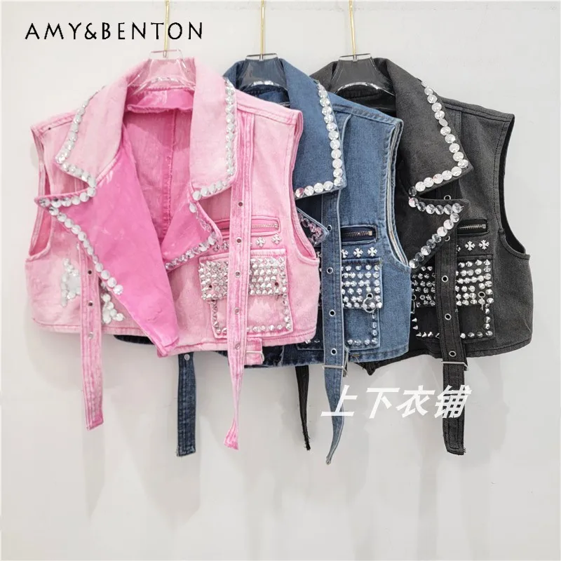 

Heavy Industry Personality Fashion Tailored Collar Workwear Denim Sleeveless Vest Waistcoat Cropped Coat Top Female Streetwear