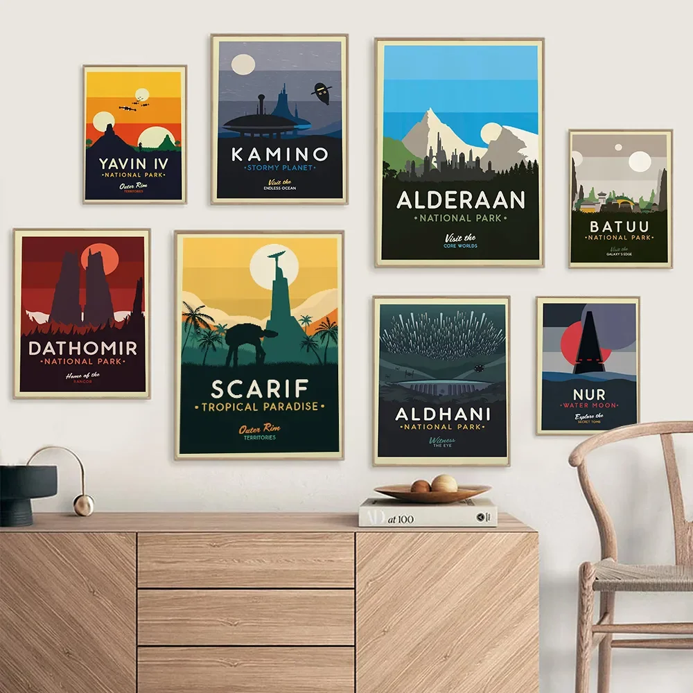 Póster de película minimalista de la Guerra de las Galaxias, pintura abstracta de paisaje retro de planetas y estrellas, lienzo moderno para decoración del hogar y habitación