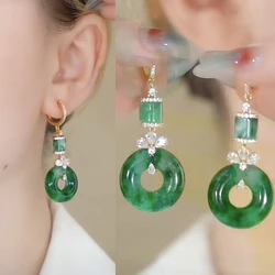 Natural greenstone roundness peace buckle earrings high sense simple fashion luxury rhinestone earrings mother's Day gift