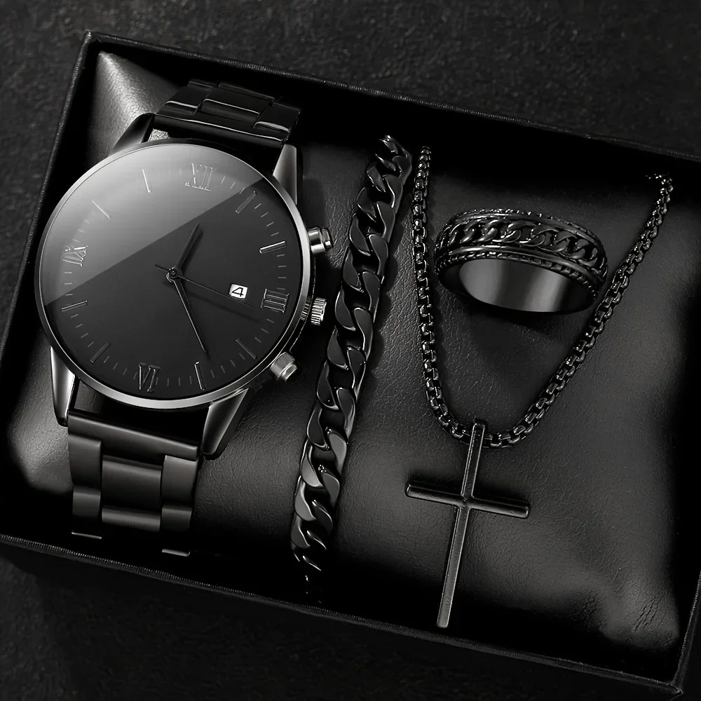 Conjunto de 4 piezas de reloj de cuarzo minimalista negro para hombre con pulsera, collar y anillo.
