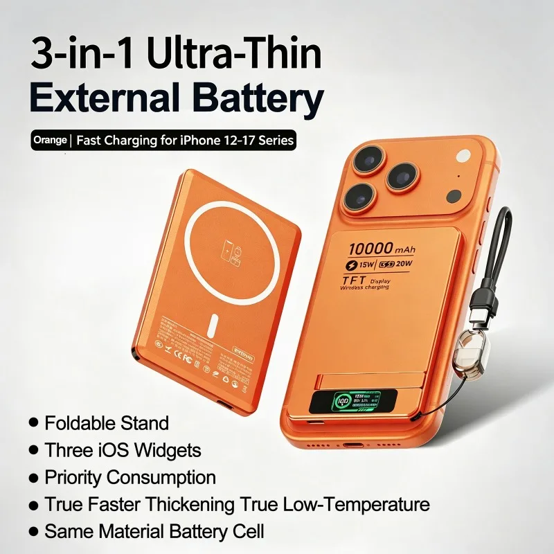 5000/10000mAh Slim and Portable Magnetic Power Bank with Bracket TFT Digital Display Wireless Fast Charging for Phones Watches