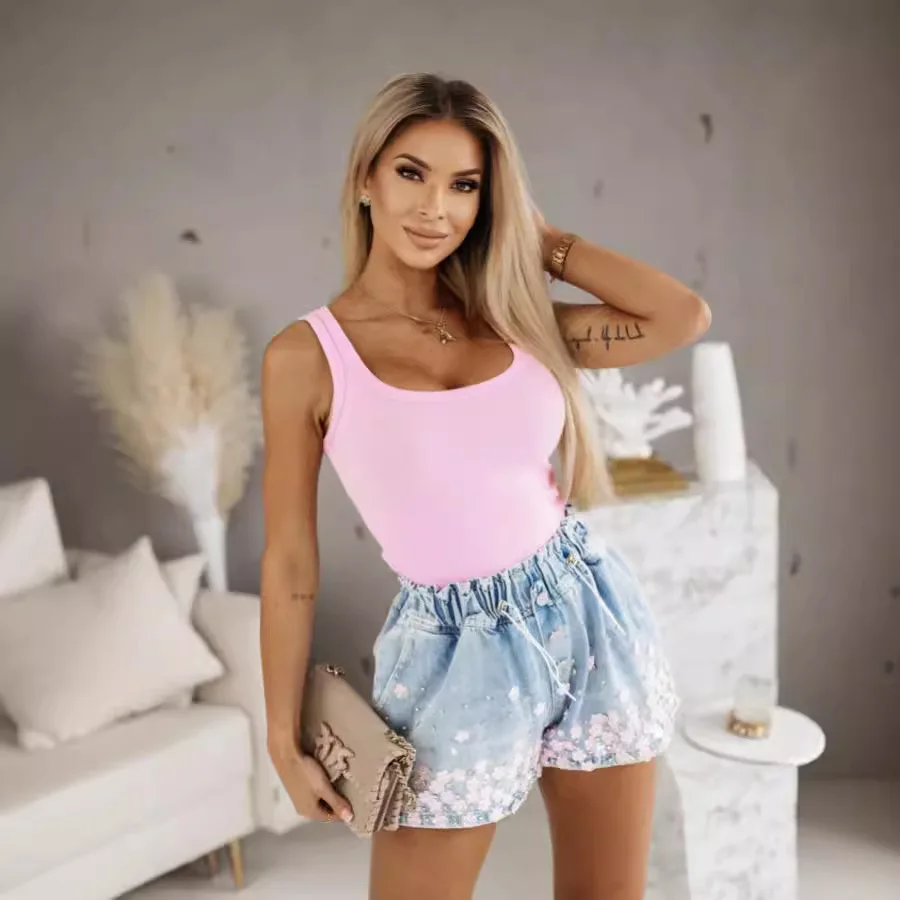 Y2K 2023 Sommer Neue Casual Fashion Cargo-Shorts Temperament Pendeln Strass Herz Muster Kordelzug Trend Denim Shorts