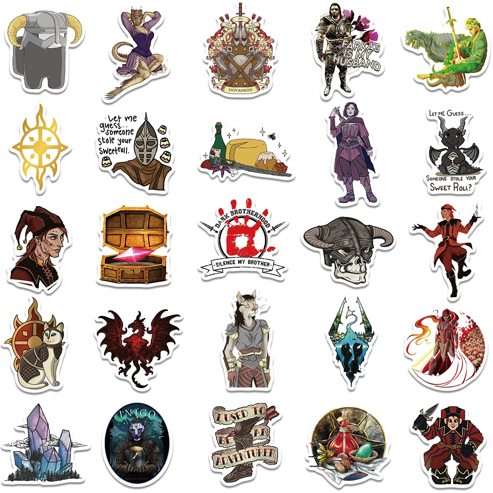 50pcs Funny Game Skyrim Vinyl Stickers for Hard Hat Helmet Skateboard Scrapbook iPad Graffiti Cartoon Waterproof Kids Toy Decals